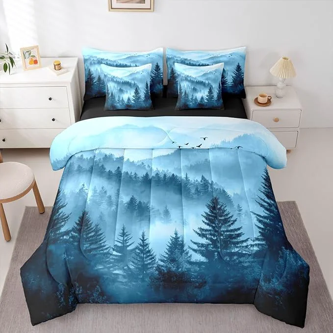 Effective Erosebridal Foggy Mountain Twin Bedding Set 7 Piece Blue Forest Pine Tree Bed in A Bag with Sheets Nature Misty Woodland Comforter Set for Kids Adults Flying Bird Bed Sets Artisan