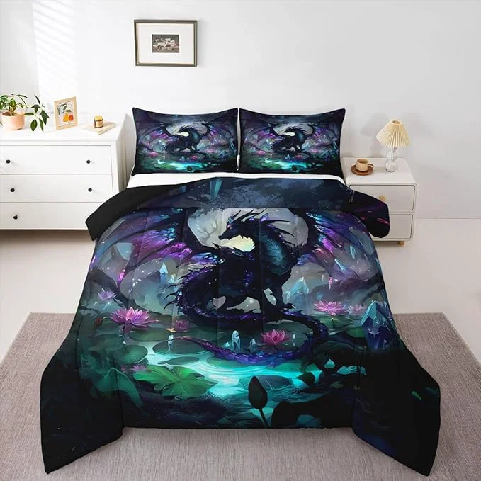 Crafted Feelyou Dragon Comforter Set King Size Dragon Stuff Bedding Set for Kids Boys Girls Wild Life Duvet Quilt Wildlife Bedroom Decor Black Purplish 3 Pcs with 2 Pillow Cases Artisan