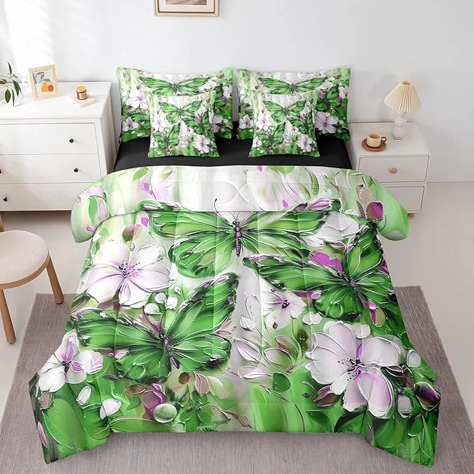 Secure Erosebridal Green Butterfly 7 Piece Bed in A Bag Full White Flowers Oil Painting Boho Comforter Set Retro Hippie Floral Butterfly Bedding Set for Girls Women Aesthetics Bohemian Bed Set Fine