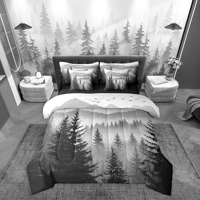 Environmentally Friendly Erosebridal 7 Piece Black Grey Full Comforter Set with Sheets Smoky Mountain Forest Bed in A Bag Rustic Woodland Pine Trees Bedding Sets for Kids Boys Adults Men Nature Landscape Bed Set Sophisticated