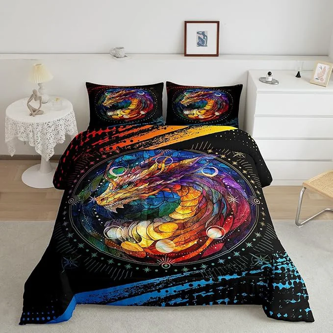 Verified Feelyou Dragon Comforter Set Twin Size Dragon Stuff Comforter for Boys Girls Teens Wild Life Bedding Set Dragon Decor Duvet Set Room Decor Black Orange Yellow Quilt Set Breathable