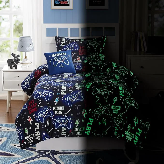 Crafted Kids Comforter Set Full Size for Boys Glow in The Dark Gamer Bedding Set 1 Comforter 1 Decor Pillow 2 Pillow Shams Selected