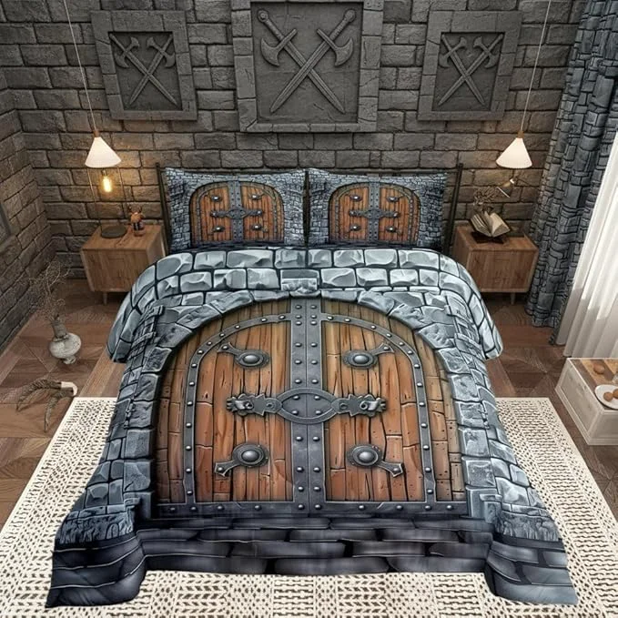 Comfortable Castle Walls Comforter Set with 2 Pillowcases Medieval Themed Super Soft Microfiber Bedding Set for Adults Teens Knight Wall Duvet Set for Room Decor King Pure