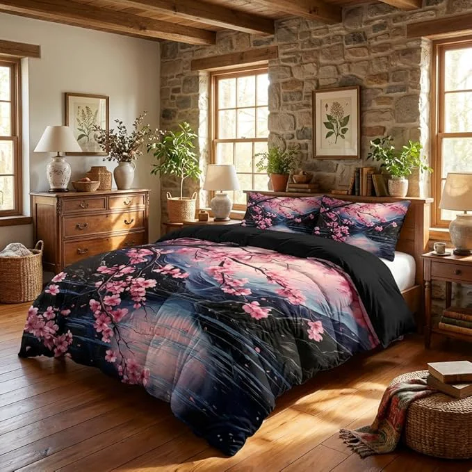 Traditional Cherry Blossoms Bedding Set Queen Size Black Pink Japanese Comforter Set for Girls 3Pcs Soft Microfiber Quilted Set with 2 Pillowcases 90 quot x90 quot Secure