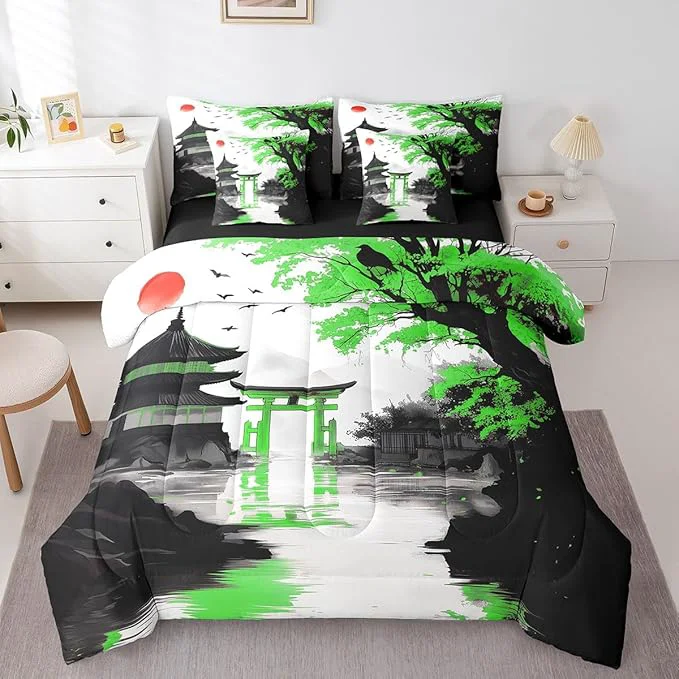 Trendy Erosebridal Japanese 7 Piece Bed in A Bag Twin Sun Cherry Blossom Comforter Set with Sheets Watercolor Black Green Pavilions Mountain Sakura Floral Bedding Set for Kids Adults Chinese Ink Bed Set Convenient