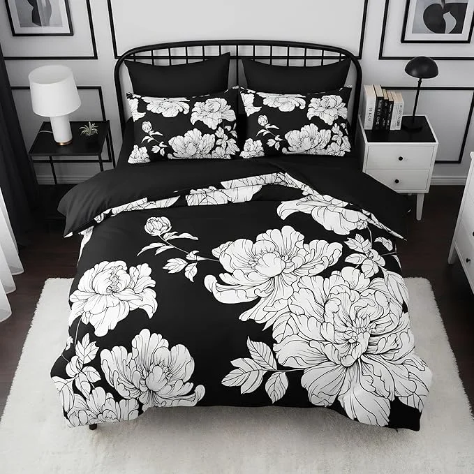 Versatile Black White Floral Comforter Set Queen Size Modern Botanical Bedding Set for French Country Bedroom Decor 3 Pcs Soft Fluffy Microfiber Quilt with 2 Pillowcases 90 x90 Enhanced