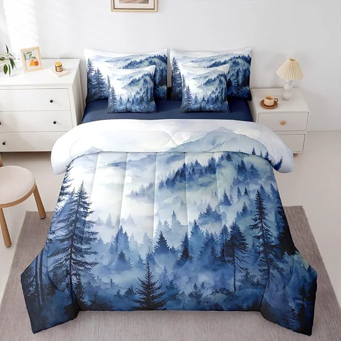 Casual Erosebridal Blue Misty Forest King Bedding Set 7 Piece Mountain Foggy Woodland Bed in A Bag with Sheets Rustic Pine Tree Comforter Set for Kids Adults Watercolor Nature Theme Bed Sets Environmentally Friendly