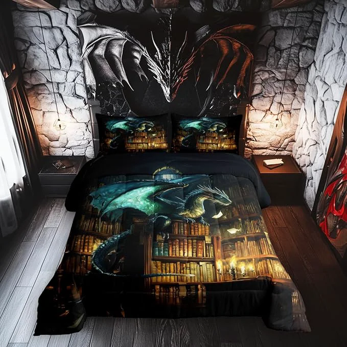 Environmentally Friendly Dragon Bed Comforter Set Queen Size Castle Bookshelf Super Soft Microfiber Bedding Set for Adults Men Mysterious al Theme Decorative Comforter Set 3 Pcs Convenient