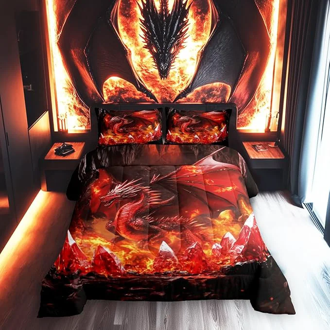 Comfortable Castle Fairy Dragon Comforter Set Toddler Size Glowing Flame Dragon Bedding Set for Kids Teens Bedroom Western Fierce Animals Down Comforter 2 Pcs 1 Pillowcase Contemporary