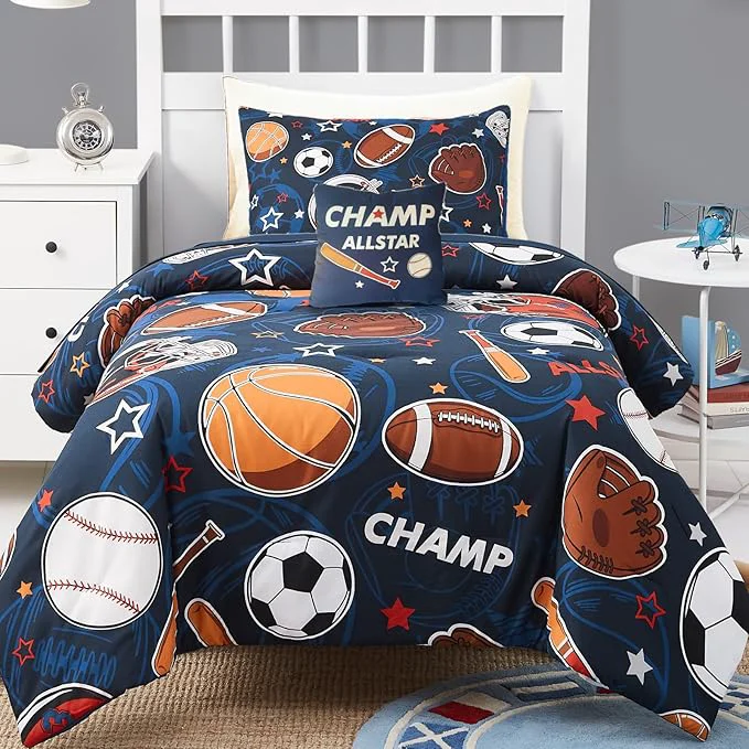Reusable Kids Comforter Set Twin Size for Boys Glow in The Dark Ball Games Bedding Set 1 Comforter 1 Decor Pillow 1 Pillow Shams Organic