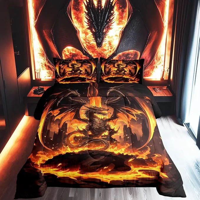 Pure Castle Fairy Dragon Boys Kids Comforter Set Full Size Orange Fire Western Animals Duvet Set Room Decor Flames Dragon Brushed Microfiber Soft Bedding Comforter Safe