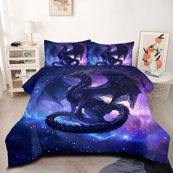 Proven Black Dragons Bedding Set Outer Space Starry Sky Comforter Set Full Size Western Castle Fairy Dragons Comforter 3D Animals Dragon Bed Set for Kids Boys Teens Women Decor Black Purple Green