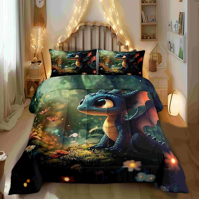 Casual Castle Fairy Cute Dragon Comforter Set Toddler Size 2 Pcs Mysterious Wild Animals Bedding Set Kawaii Flower Animals Quilt Set for Child Bedroom Duvet Insert 1 Pillowcase Minimalist