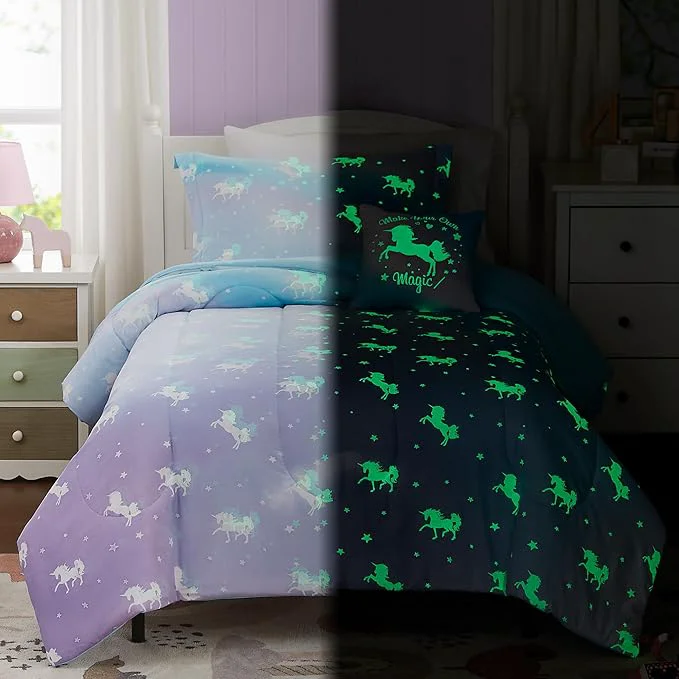 Specialty Kids Comforter Set Full Size for Girls Glow in The Dark Unicorn Bedding Set 1 Comforter 1 Decor Pillow 2 Pillow Shams Proven