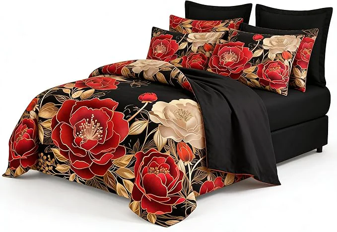Enhanced Queen Size Bed in A Bag 7 Piece Comforter Set Vintage Floral Bedding Set for Girls 1 Comforter 90 quot x90 quot 2 Pillowcases 1 Flat Sheet 1 Fitted Sheet 2 Pillowshams Black Red Genuine