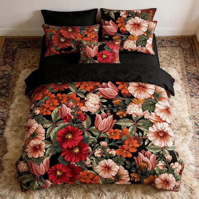 Effective Black Floral Comforter Set Queen Size Tropical Vintage Botanical Bedding Set for Women – 3 Pieces Soft Fluffy Microfiber Comforter with 2 Pillowcases 90 quot x90 quot Casual