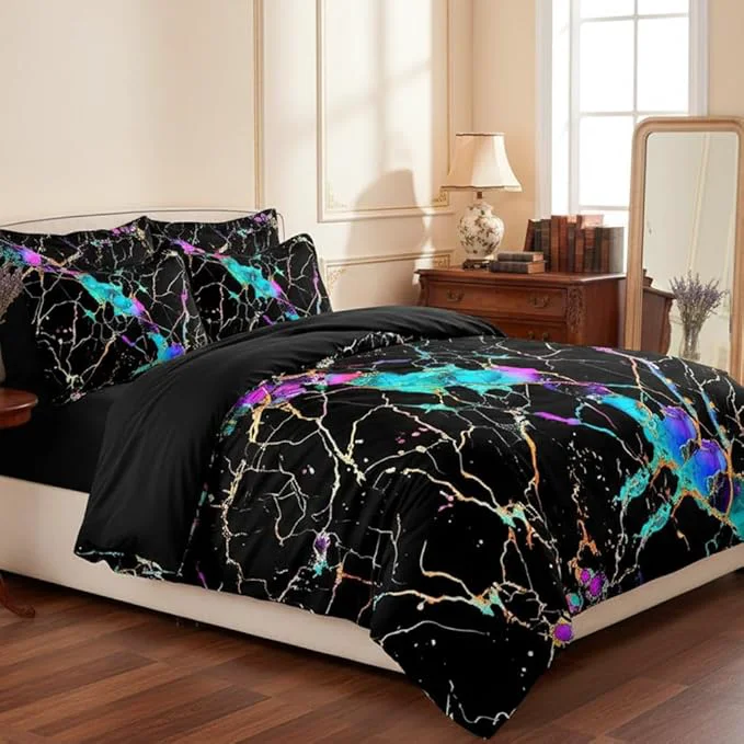 Functional Black Marble Comforter Set Queen Size Gradient Abstract Line Bedding Set Glowing Marbling Texture Lightweight Down Comforter- 3Pieces Microfiber Bedding for Adult Women Responsible