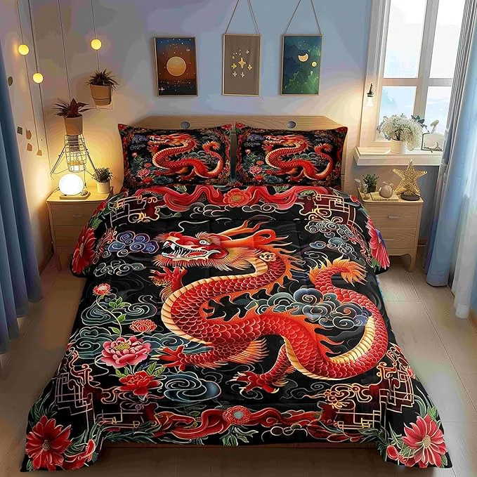 Elite Castle Fairy Exotic Chinese Style Bedding Set for Boys Girls Watercolor Flowers All Season Cozy Comforter Set Full Size Chinese Loong Duvet Set Bedroom Decor Personalized Birthday Gifts Premium