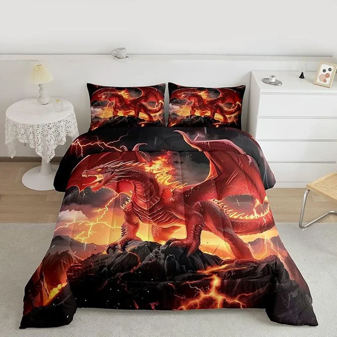 Elite Castle Fairy Wild Animals Cool al Style Boys Girls Comforter Set Full Size Dragon Duvet Set Teens Bedroom Decor Red Flame Dragons Microfiber Soft Bedding 3PCS Efficient