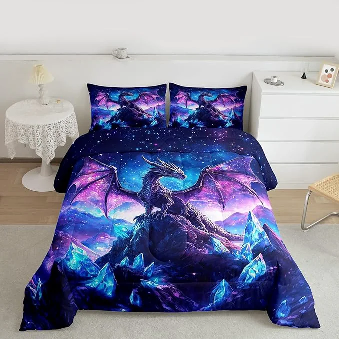 Professional Castle Fairy Dragon Comforter Set King Size Wild Animals Down Adults Bedroom Decor Iceberg Starry Sky Purple Ultra Soft Microfiber Inner Fill 3 Pcs Bedding Green