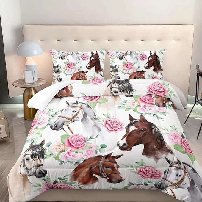 Advanced Horse and Flower Comforter Set for Girls Kids Horse and Floral 3 Piece Bedding Set Twin Floral Lightweight Comforter Down with 2 Pillowcases All Seasons Sustainable