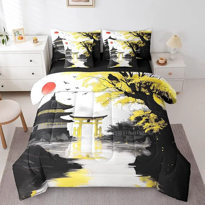 Detailed Erosebridal Japanese Twin Bed in A Bag with Sheets Sun Cherry Blossom Comforter Set 7 Piece Black Gold Pavilions Mountain Floral Bedding Set for Kids Adults Chinese Ink Anime Sheet Set Expertly Made