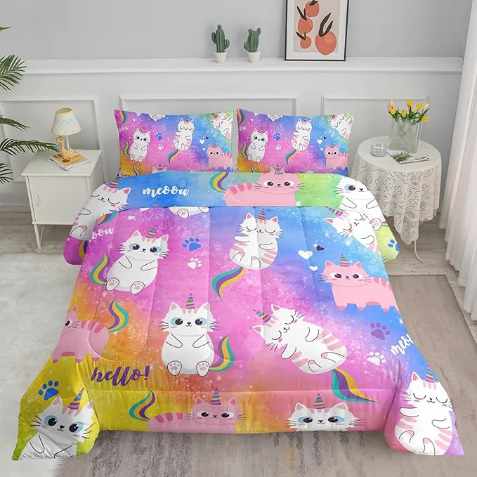 Practical Axolotl Cat Bedding Queen Cartoon Cat Comforter Set Rainbow Printed Kids Bedding Set for Girls Kids Adults Teens Kids Comforter Set All Season 1 Quilt 2 Pillow Cases Colorful Pink Blue Unique