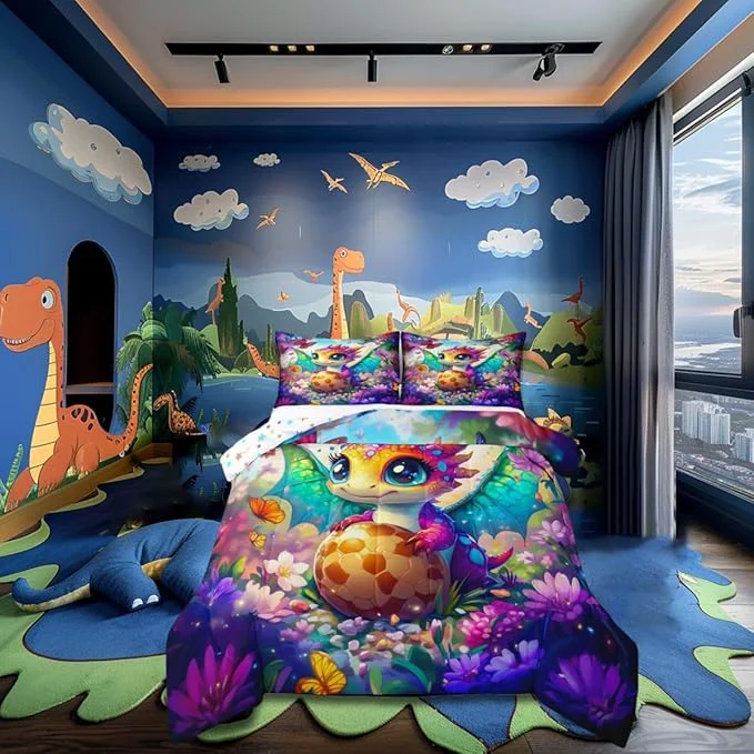 Efficient Cartoon Dragon Twin Size Comforter Set Baby Dragon Eggs Quilt Set Soft Bed Collection Watercolor Flowers Butterfly Bedding Comforter for Boys Girls Room Decor 2 Pcs Selected