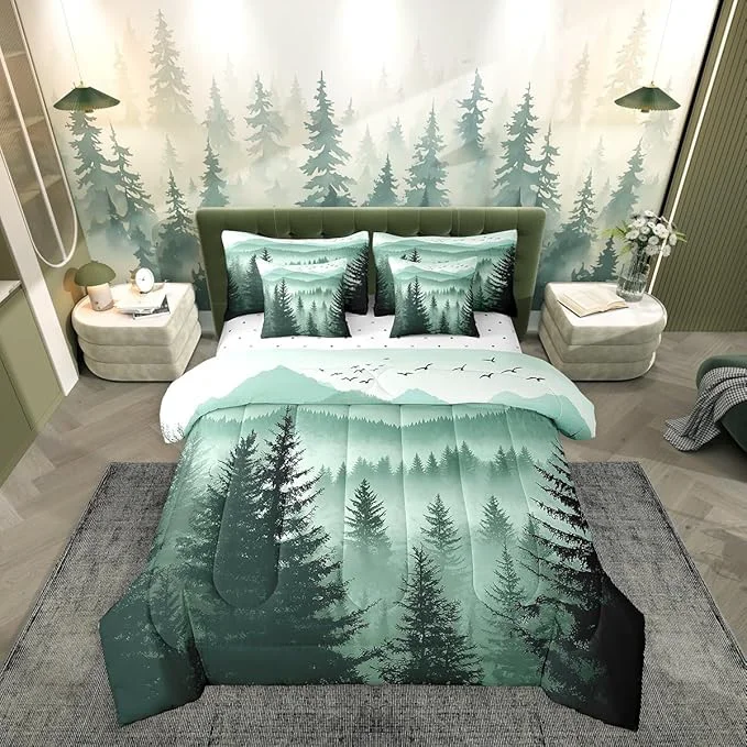 High-Quality Erosebridal Olive Green King Comforter Set with Sheets 7 Piece Mountain Pine Tree Forest Bed in A Bag Rustic Woodland Nature Landscape Bedding Sets for Kids Adults Soft Lightweight Bed Set Premium
