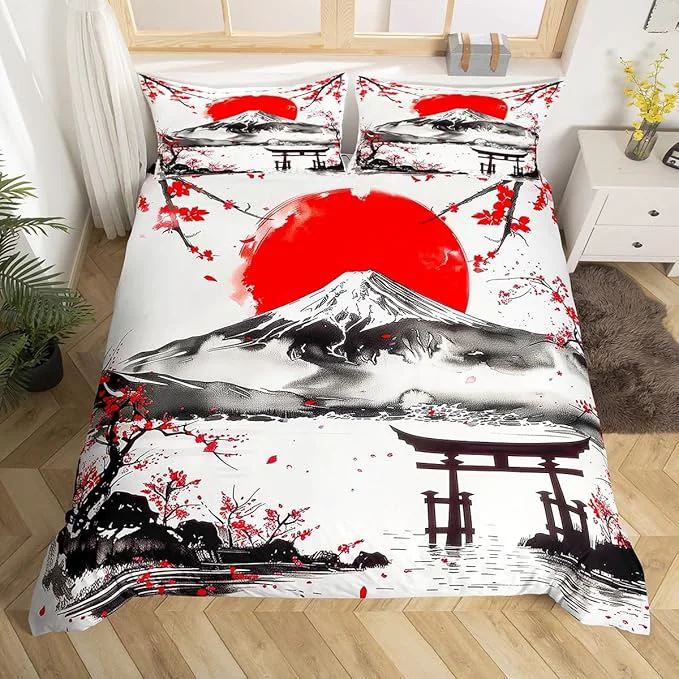 First-Class Feelyou Japanese Theme Bedding Set Twin Size Fujiyama Duvet Cover for Adult Kids Boys Girls Cherry Blossom Comforter Cover Set Natural Landscape Bedspread Cover 2Pcs Zipper Genuine