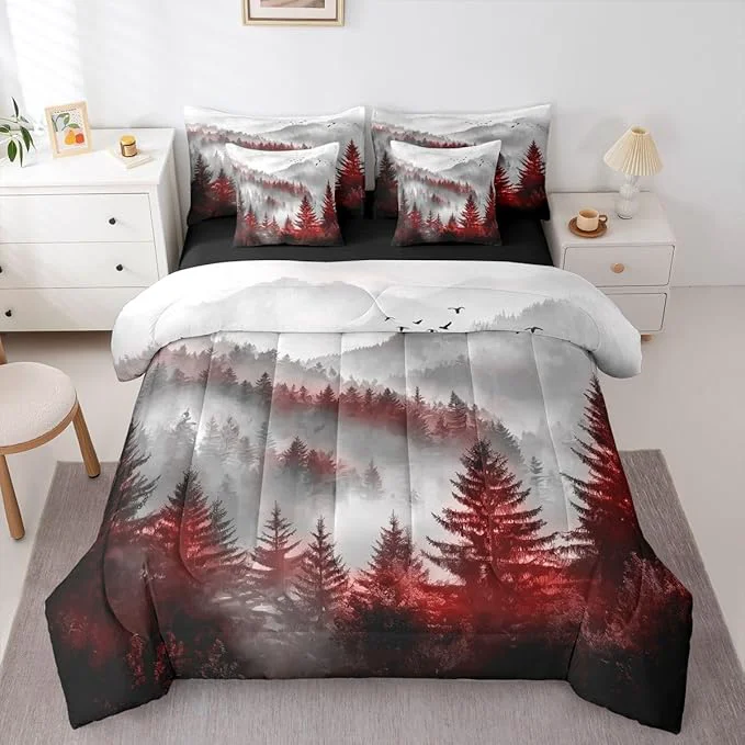 Original Erosebridal Foggy Mountain Full Bed in A Bag 7 Piece Green Forest Pine Tree Comforter Set with Sheets Nature Misty Woodland Bedding Sets for Kids Adults Flying Bird Bed Set Smooth