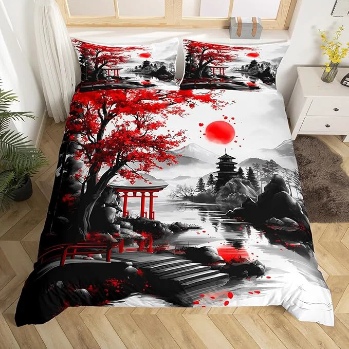 Exceptional Feelyou Japanese Style Bedding Set King Size Cherry Blossom Duvet Cover for Adult Kids Boys Girls Watercolor Comforter Cover Set Natural Landscape Bedspread Cover 3Pcs Zipper Original Design
