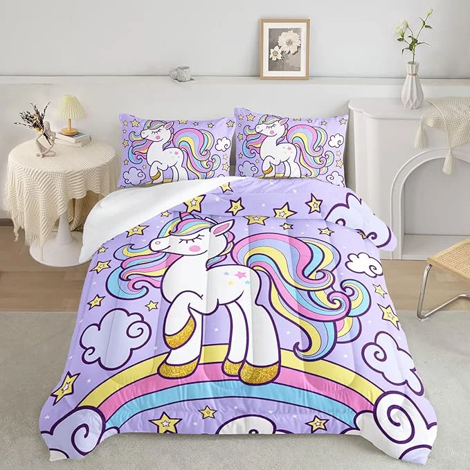 Functional Axolotl Rainbow Unicorn Bedding Set Queen Purple Unicorn Kids Comforter Sets with Stars Cloud for Girls 1 Quilt with 2 Pillowcases for Girls Kids Teens Children Adults Bedroom Decor All Season Exceptional