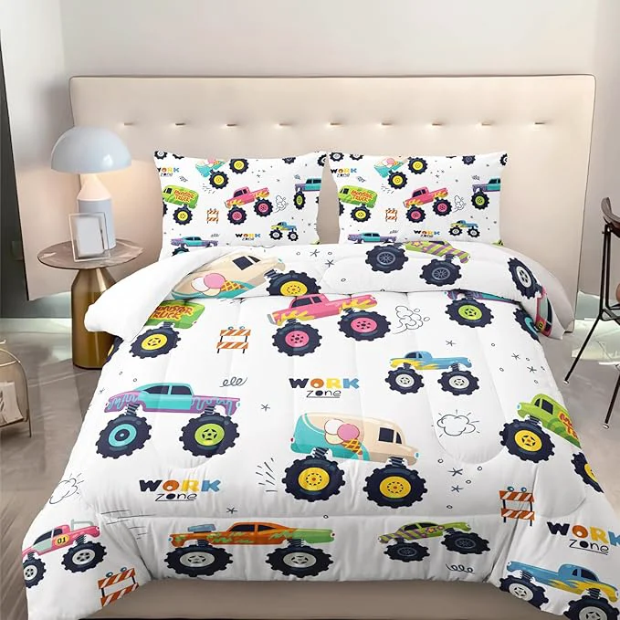 Healthy Kids Comforter Set for Boys Cartoon Monster Car 3 Pieces Bedding Set Twin Colorful Off-Road Vehicle All Season Soft Microfiber Down with 2 Pillowcases Specialty