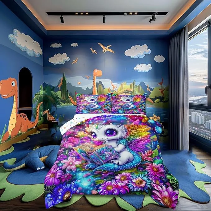 Easy-to-Use Cartoon Dragon Comforter Set Western Wildlife Animal Bedding Set Kids Teens Modern Decor Watercolor Flowers Comforter with 1 Pillowcase for All Seasons Twin World-Class