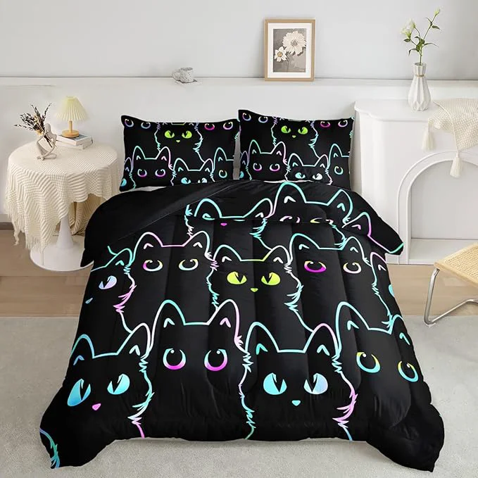 Trusted Axolotl Kids Bedding Cartoon Cat Comforter Set Full Size Gradient Line Cute Cat Bedding Set for Teens Kids Boys Girls Adults Room Decor All Season 1 Comforter 2 Pillow Cases Black Efficient
