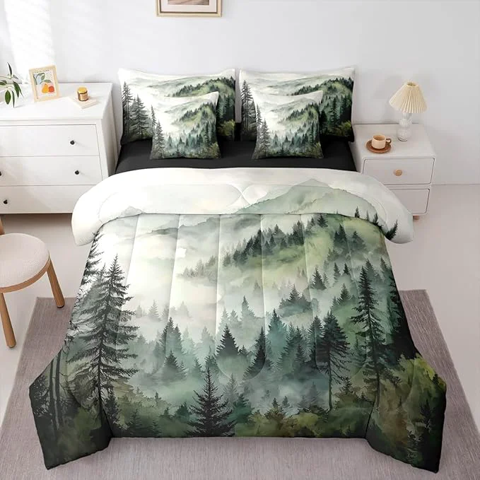 Genuine Erosebridal Dark Green Misty Forest Twin Bed in A Bag 7 Piece Mountain Foggy Woodland Comforter Set with Sheets Rustic Pine Tree Bedding Sets for Kids Adults Watercolor Nature Theme Bed Set Elite