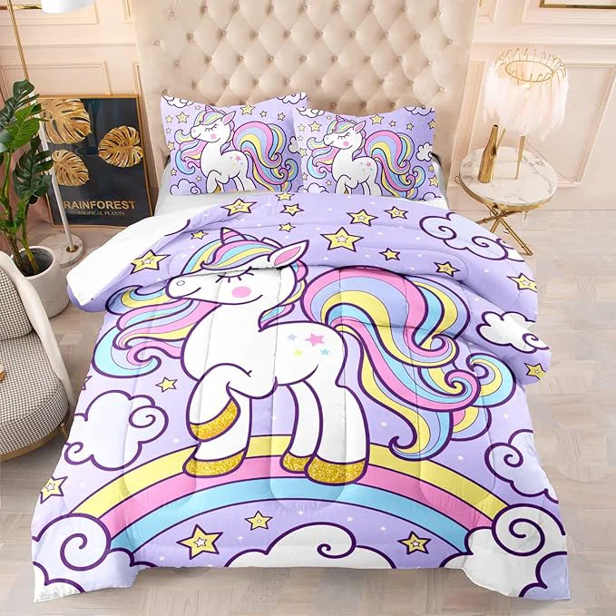 Genuine Axolotl Rainbow Unicorn Bedding Set Twin Purple Unicorn Kids Comforter Sets with Stars Cloud for Girls 1 Quilt with 2 Pillowcases for Girls Kids Teens Children Adults Bedroom Decor All Season Reliable