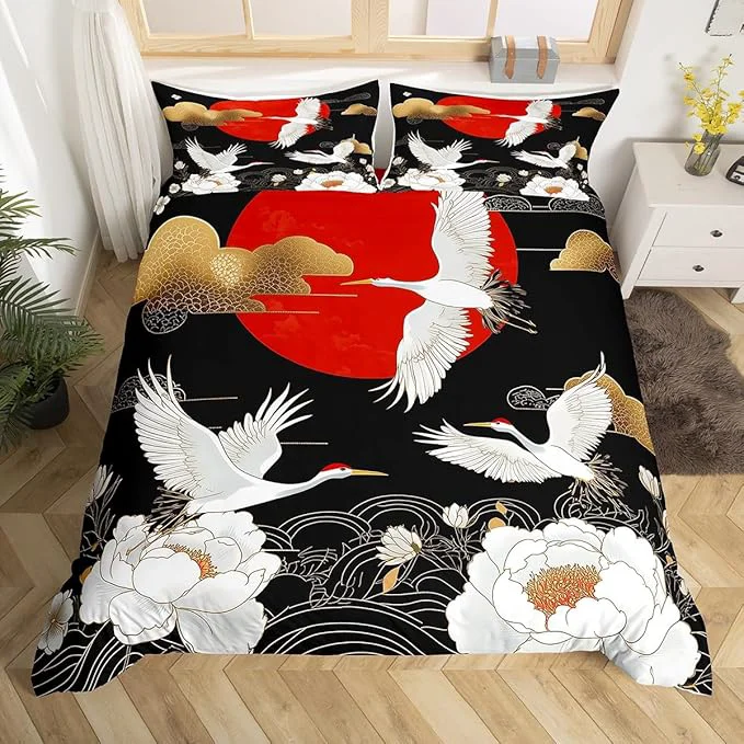 Crafted Feelyou Japanese Crane Bedding Set Toddle Size Black Gold Ukiyoe Theme Duvet Cover for Adult Kids Boys Girls Asian Anime Comforter Cover Set Wild Animal Bedspread Cover 2Pcs Zipper Safe