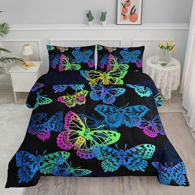 Verified Axolotl Colorful Butterflies Bedding Set Queen Size Kids Bed Set Gradient Butterfly Comforter Set 1 Quilt with 2 Pillowcases for Boys Girls Kids Teens Children Adults Room Decor All Season Black First-Class