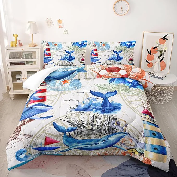 Specialty Nautical Whale Comforter Set Twin Blue Whale Ocean Lighthouse 3 Pieces Bedding Set for Kids Boys Teens Vintage Nautical Map Microfiber Lightweight Quilt Bedroom Decor with 2 Pillow Cases Breathable