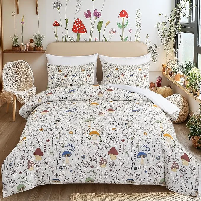 Top-Quality Mushroom Comforter Set 3 Piece Colorful Mushrooms Decor California King Bedding with Plants and Flowers Aesthetic Cute Mushroom Room Decor Comforter for Kids Adults Boys Girls California King Modern