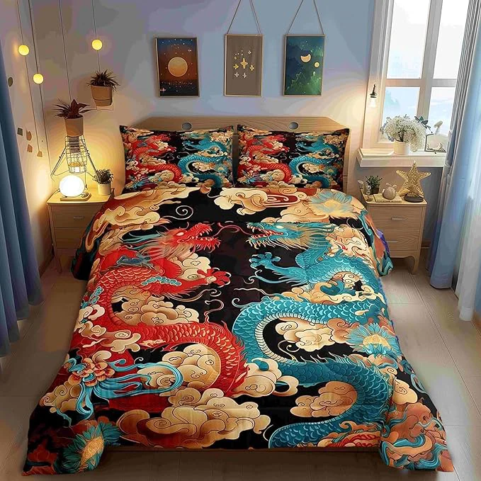 Effective Castle Fairy Chinese Loong Bed Comforter Set Queen Size Propitious Cloud Super Soft Microfiber Bedding Set for Adults Teens Dragon Exotic Chinese Style Comforter Set 2 Pillowcases Official