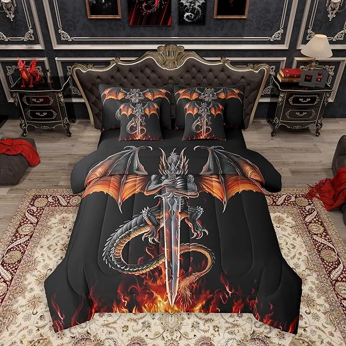 Professional Feelyou Medieval Dragon Comforter Set 7 Pieces Twin Size Sword Fire Pattern Bedding Set for Boys Girls Ancient Wildlife Bed in a Bag with Comforter Sheets Pillowcases amp Cushion Covers Premium