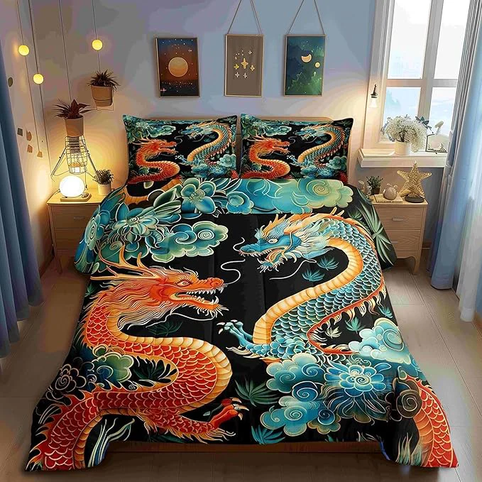 Trendy Castle Fairy Propitious Cloud Bed Comforter Set Queen Size Chinese Loong Super Soft Microfiber Bedding Set for Girls Boys Wild Animals Dragon Decorative Quilter Set Elite