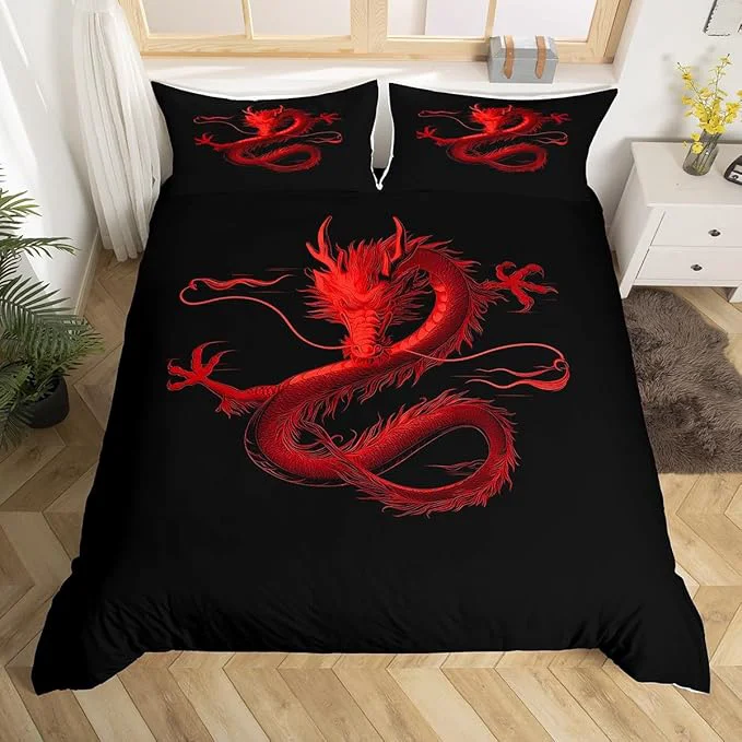 Advanced Feelyou Dragon Monster Bedding Set King Size Red Dragon Duvet Cover for Adult Kids Boys Girls Classical Monster Comforter Cover Set Black Red Cool Bedspread Cover 3Pcs Zipper Professional