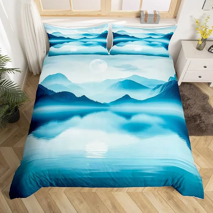Reliable Feelyou Smoky Mountain Bedding Set Twin Size Foggy Scenic Duvet Cover for Adult Kids Boys Girls Teal Blue Comforter Cover Set Natural Landscape Bedspread Cover 2Pcs Zipper Carefully Designed