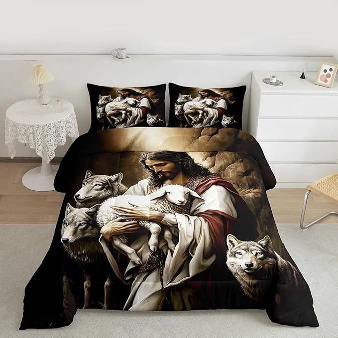 Environmentally Friendly Castle Fairy Sheep and Wolf Kids Comforter Set Wildlife Animals Bedding Set All Season Rustic Farmhouse Comforter 2 Pcs with 1 Pillowcase Toddler Size Healthy
