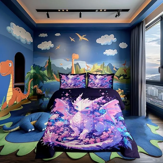 Fashionable Castle Fairy Kids Dragon Kids Comforter Set Cartoon Dragon Wildlife Bedding Set All Season Watercolor Flower Comforter 2 Pcs with 1 Pillowcase Toddler Size Prestigious