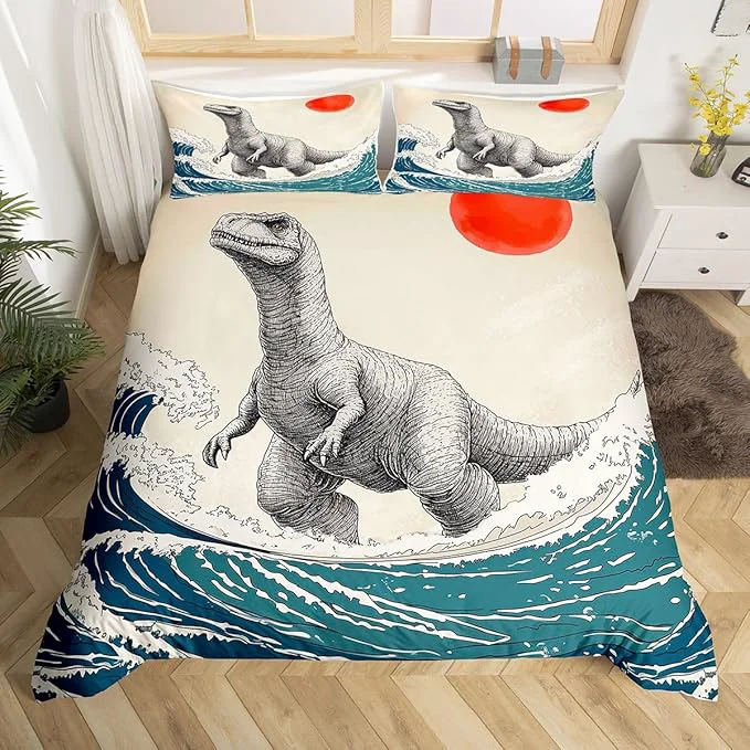 Fast Feelyou Dinosaur Monster Bedding Set Full Size Japanese Ukiyoe Theme Duvet Cover for Adult Kids Boys Girls Cool Animal Comforter Cover Set Asian Anime Bedspread Cover 3Pcs Zipper Certified